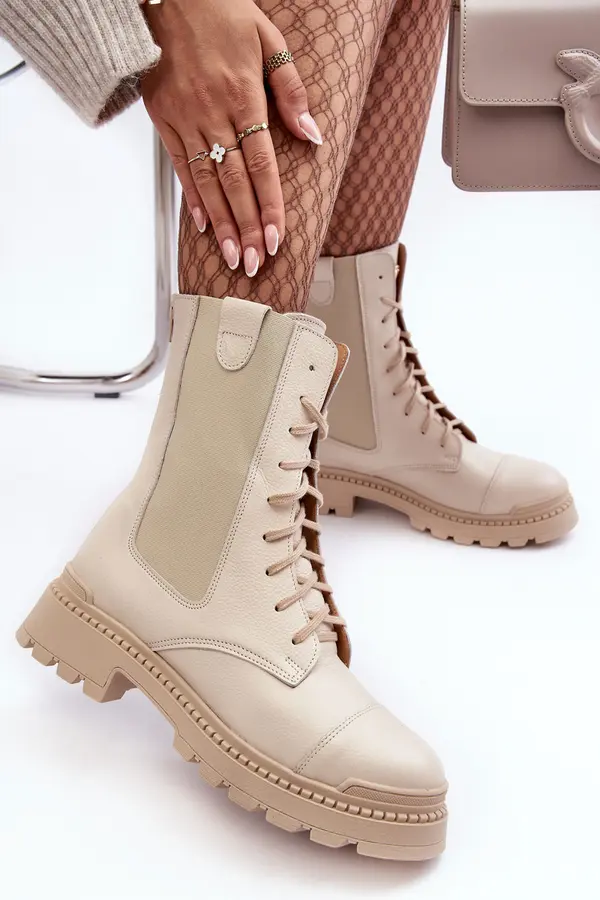 Boto Leather Women's Lace-Up Ankle Boots Beige Nicole 2836