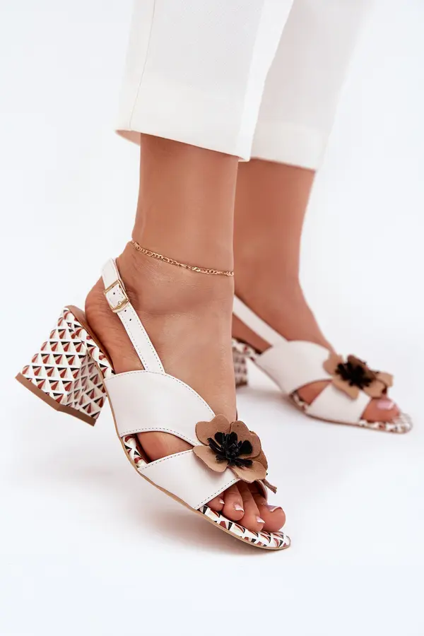 Laura Messi Leather Women's Sandals On Heel With Flowers Laura Messi 2950 White