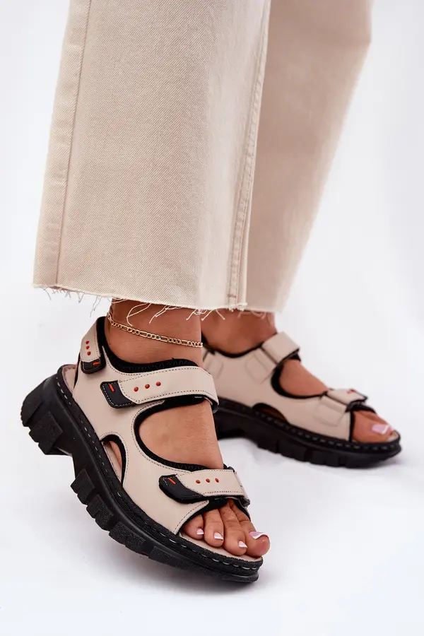 ARTIKER Leather Women's Sandals With Velcro Beige Artiker