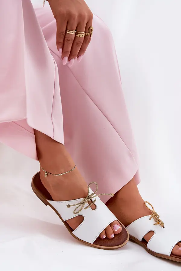 Zazoo Leather Women's Slippers On Flat Heel White Zazoo 3022