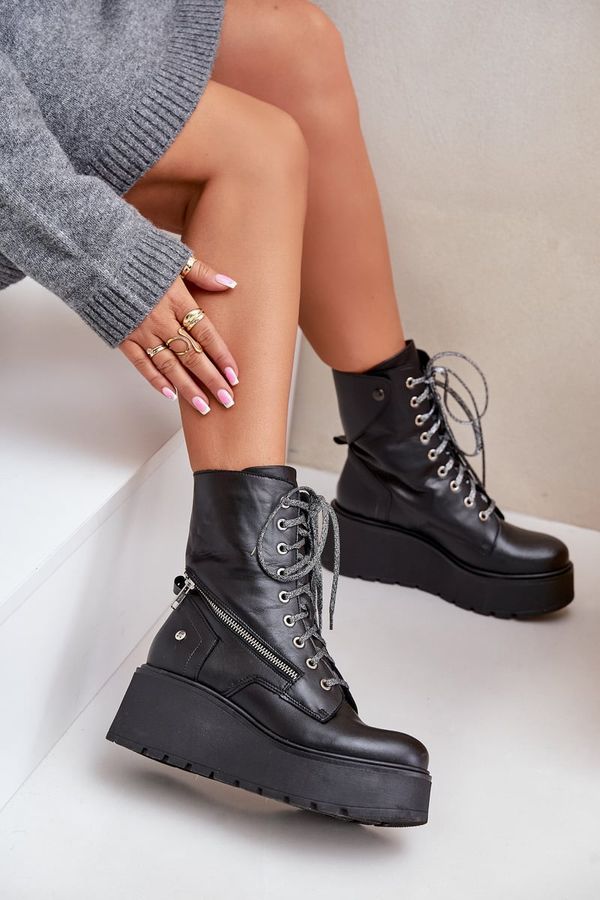 Maciejka Leather Worker Ankle Boots On Platform And Wedge Maciejka