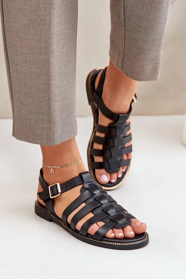 Boto Lewski Shoes Leather Sandals On Flat Heel Zazoo 3686 Black