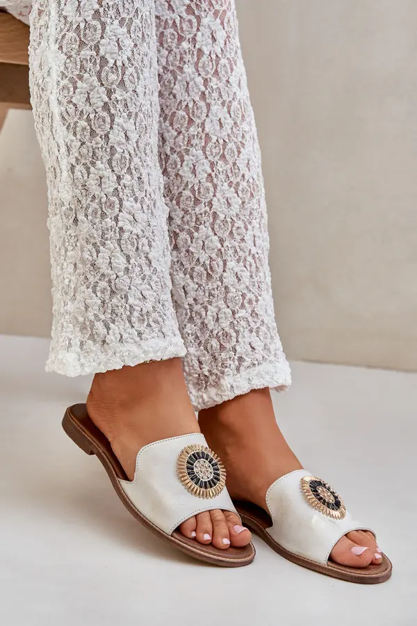 Boto Lewski Shoes Leather Slippers With Decoration On Flat Heel Gold Distressed Lewski