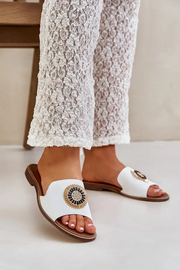 Boto Lewski Shoes Leather Slippers With Decoration On Flat Heel White Lewski