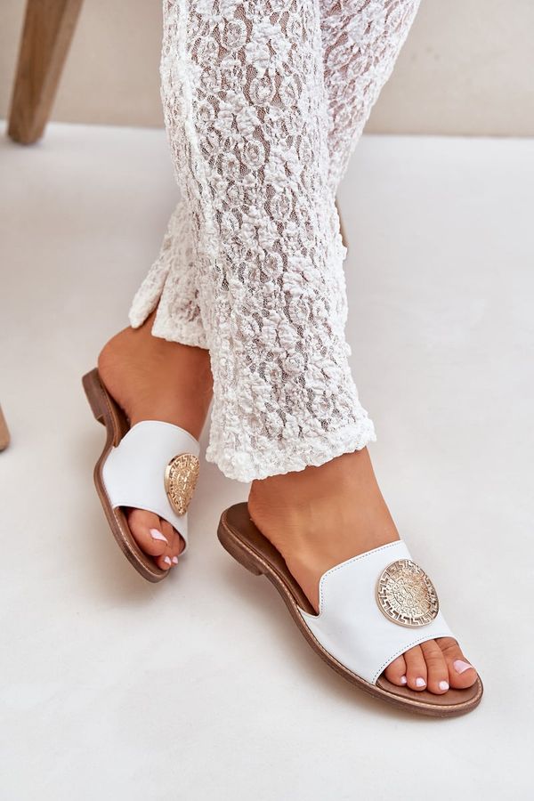 Lewski Shoes Lewski Shoes Leather Slippers With Decoration On Flat Heel White Zazoo