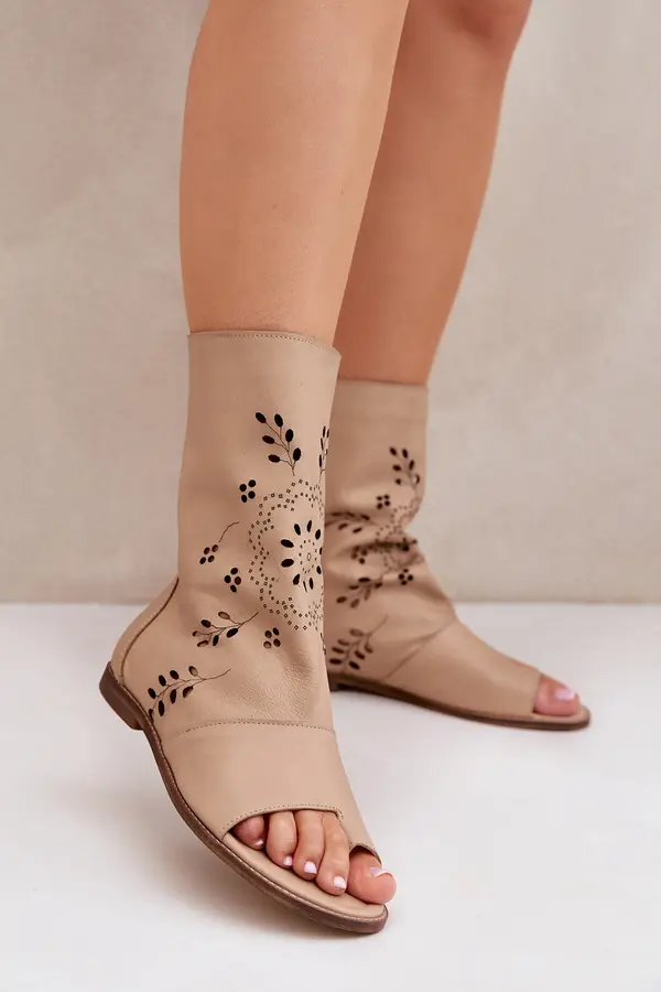 Boto Lewski Shoes Zazoo 3437 Women's Leather Sandals With Zipper Beige