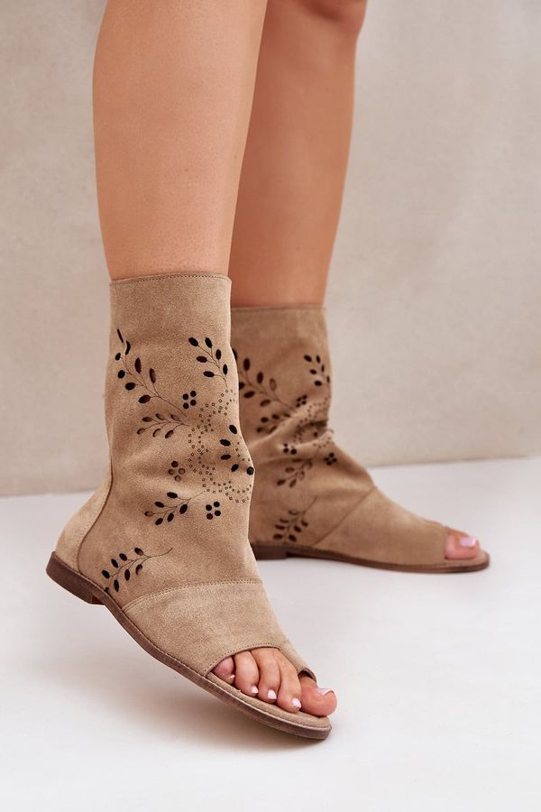 Lewski Shoes Lewski Shoes Zazoo 3437 Women's Suede Sandals With Zipper Beige