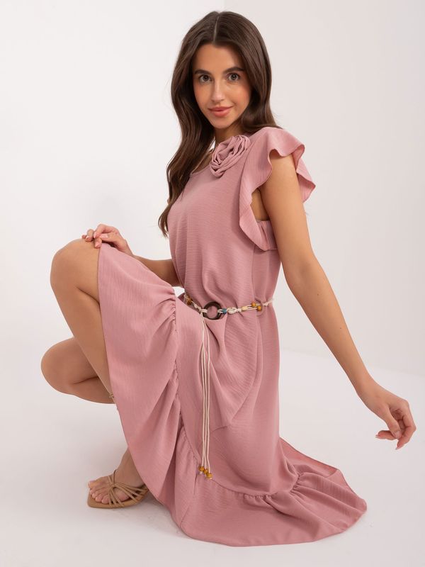 Fashionhunters Light beige dress with ruffles and belt