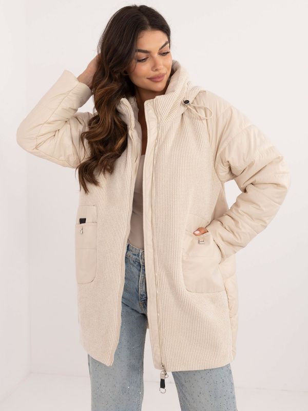 Fashionhunters Light beige transitional jacket with shiny thread