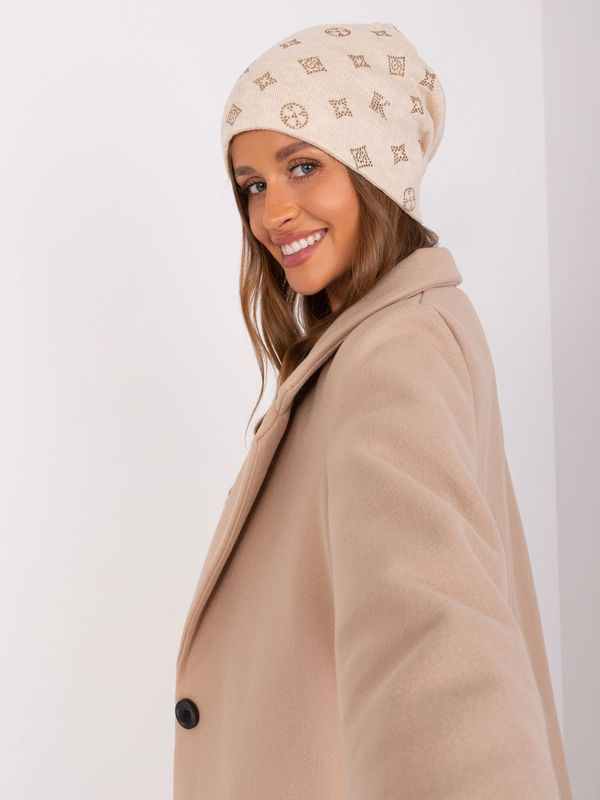 Fashionhunters Light beige winter hat with rhinestones