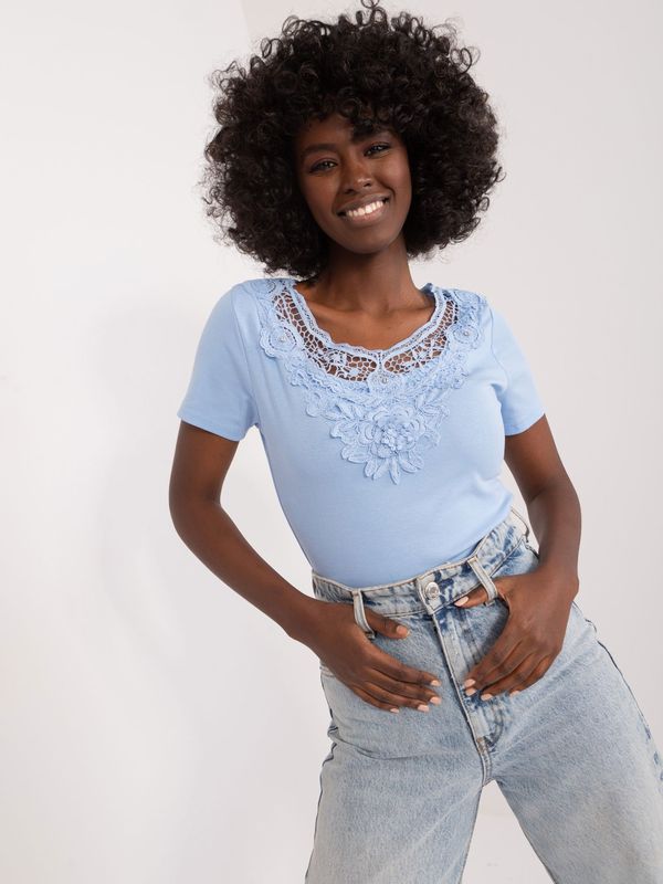 Fashionhunters Light blue blouse with lace neckline