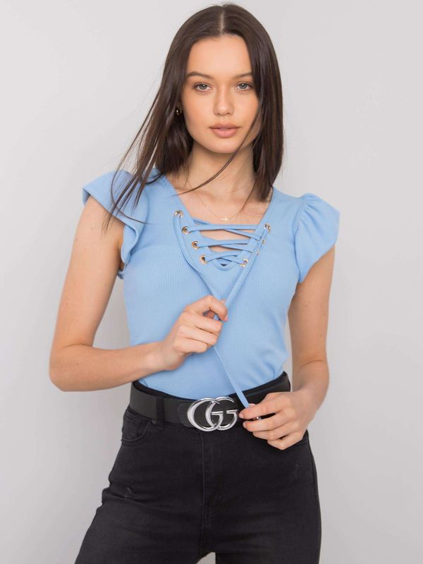 Fashionhunters Light blue blouse with lace-up neckline