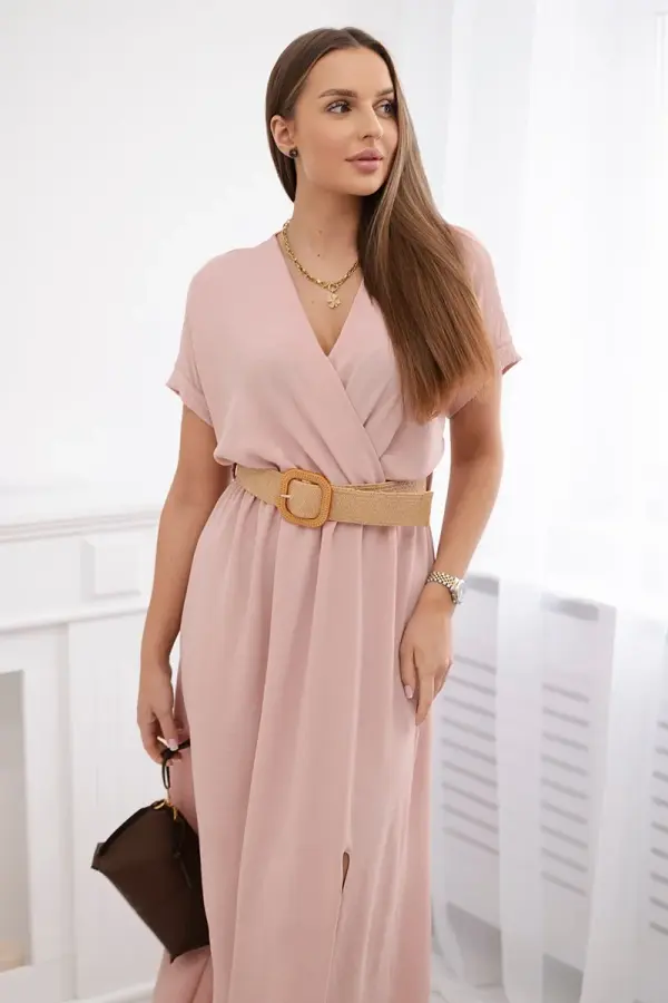 Kesi Włoski Long dress with decorative belt powder pink