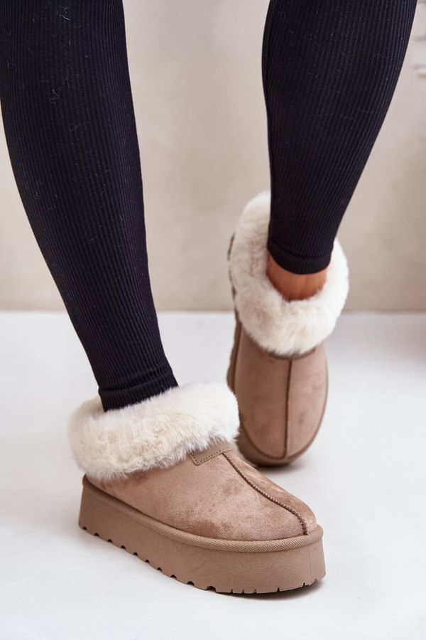 Kesi Low shin snow boots with fur on a platform made of eco-suede dark beige Neathoria