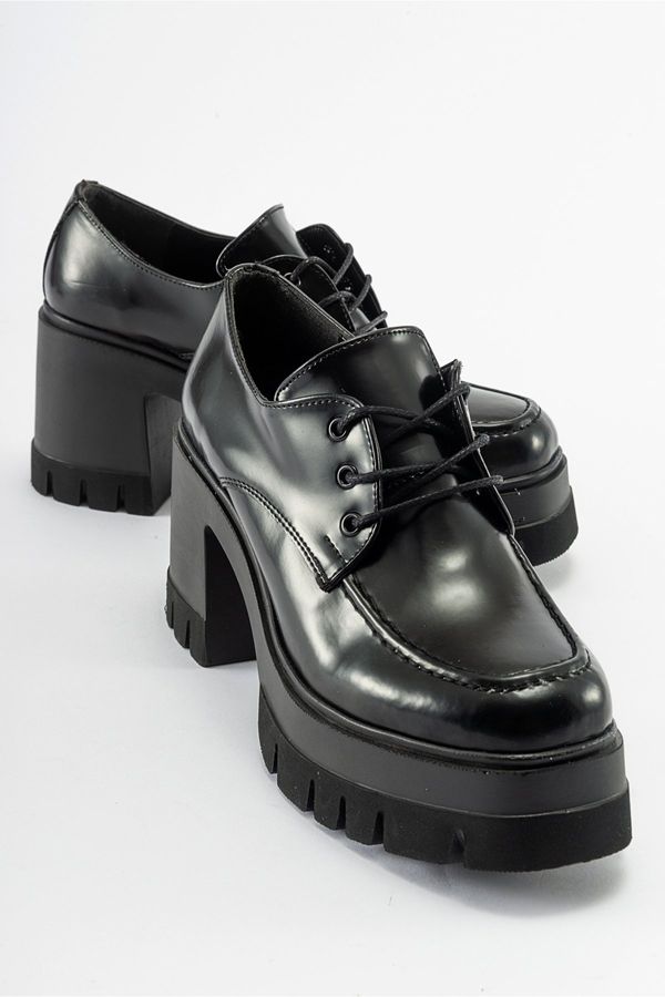 LuviShoes LuviShoes NİLUS Black Matte Patent Leather Lace Up Women's Platform Heeled Shoes