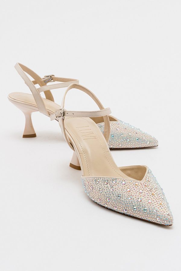 LuviShoes LuviShoes VİLKA Ecru Women's Satin Stone Pointed Toe Thin Heeled Evening Shoes