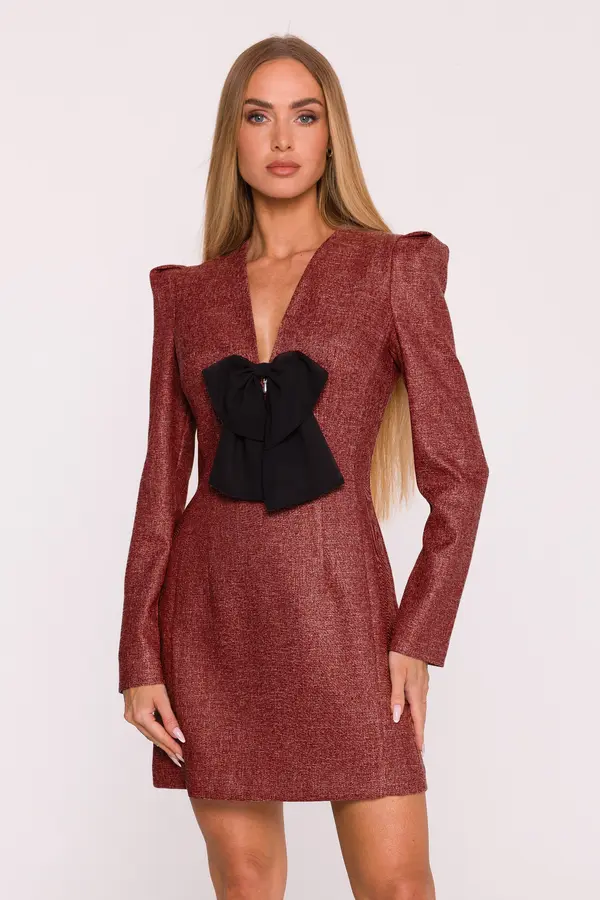 Made Of Emotion Made Of Emotion Woman's Long-sleeved mini dress with a chiffon bow - maroon