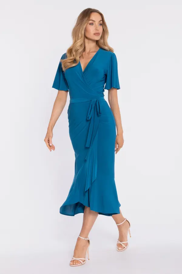 Made Of Emotion Made Of Emotion Woman's Wrap-style midi dress with a ruffle and ruffles - ocean blue