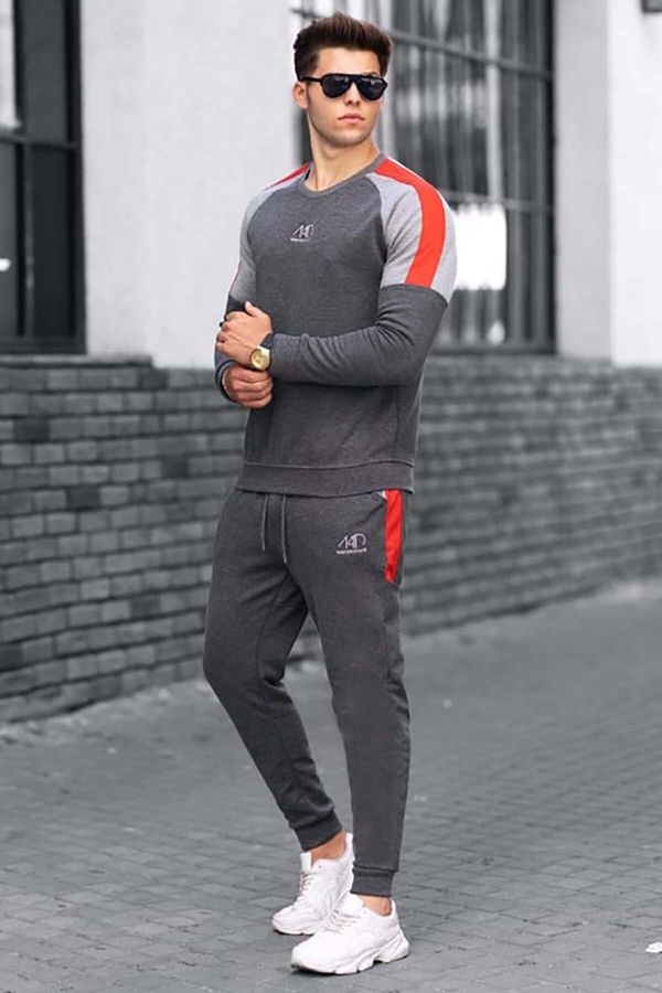 Madmext Madmext Anthracite Men's Tracksuit Set with Stripe Shoulder 4670