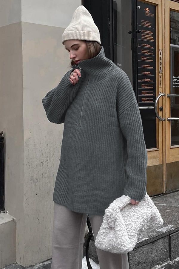 Madmext Madmext Anthracite Zipper Collar Oversize Sweater