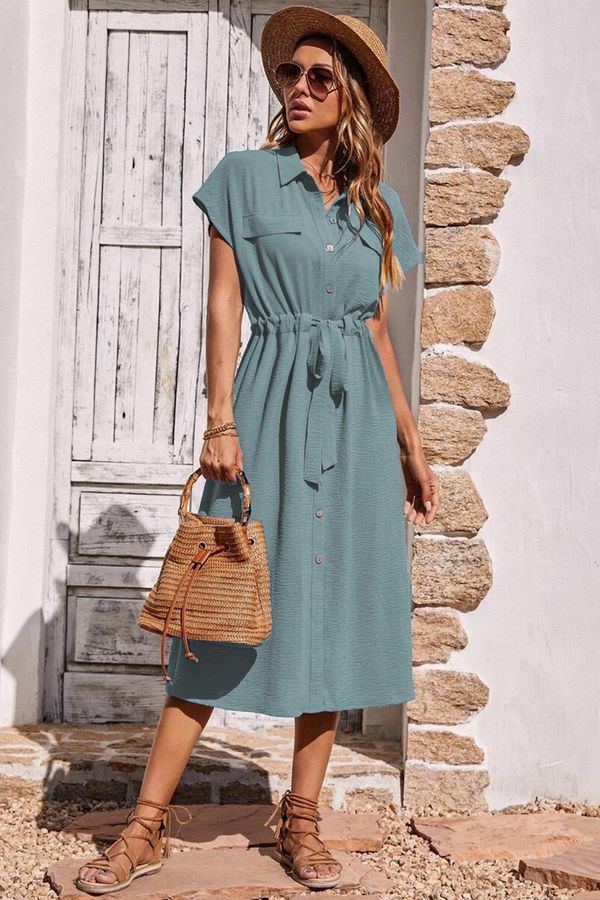 Madmext Madmext Baby Blue Shirt Collar Long Dress