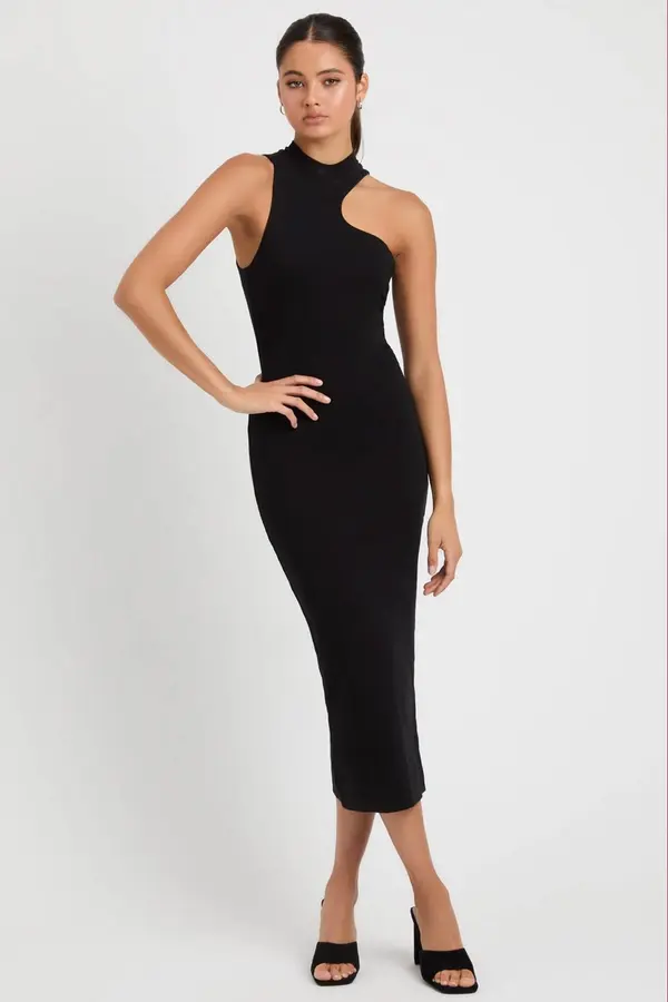 Madmext Madmext Black Halter Neck Long Basic Dress with Low-cut Shoulders
