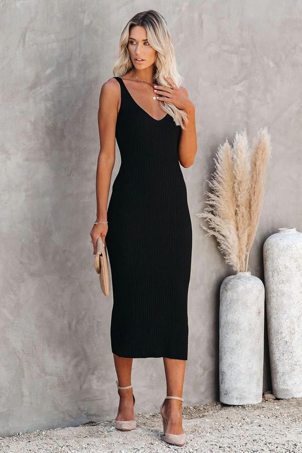 Madmext Madmext Black V Neck Strappy Knitwear Long Dress