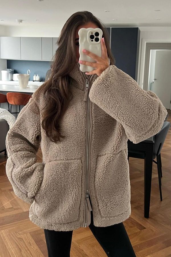 Madmext Madmext Brown High Neck Pocketed Plush Coat