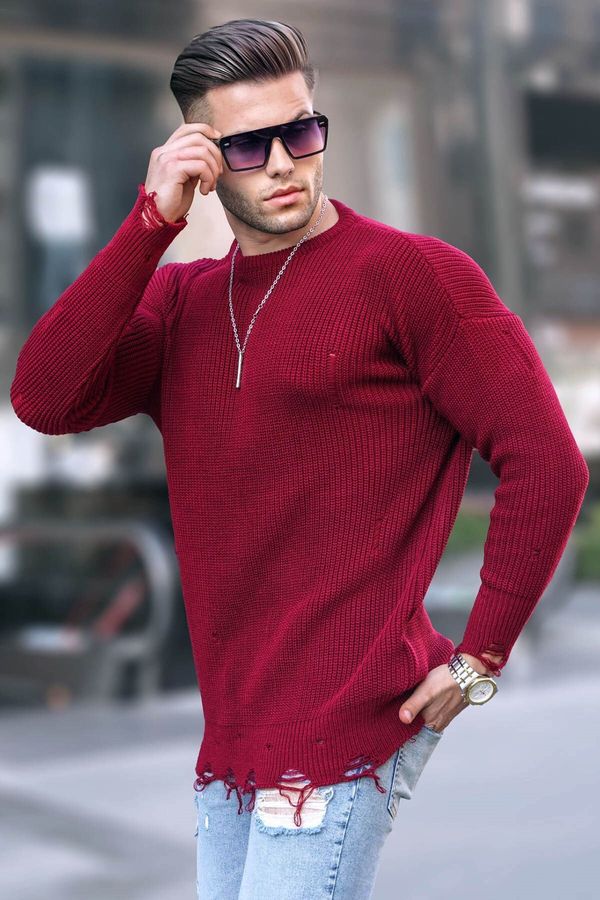 Madmext Madmext Burgundy Ripped Detailed Crew Neck Knitwear Sweater 5998