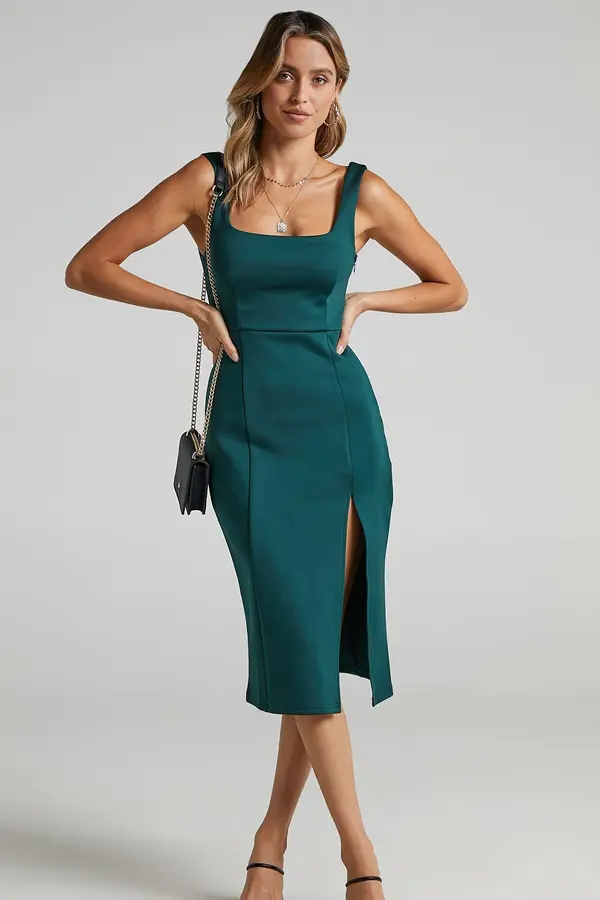 Madmext Madmext Emerald Green Straps and Slit Detailed Midi Dress