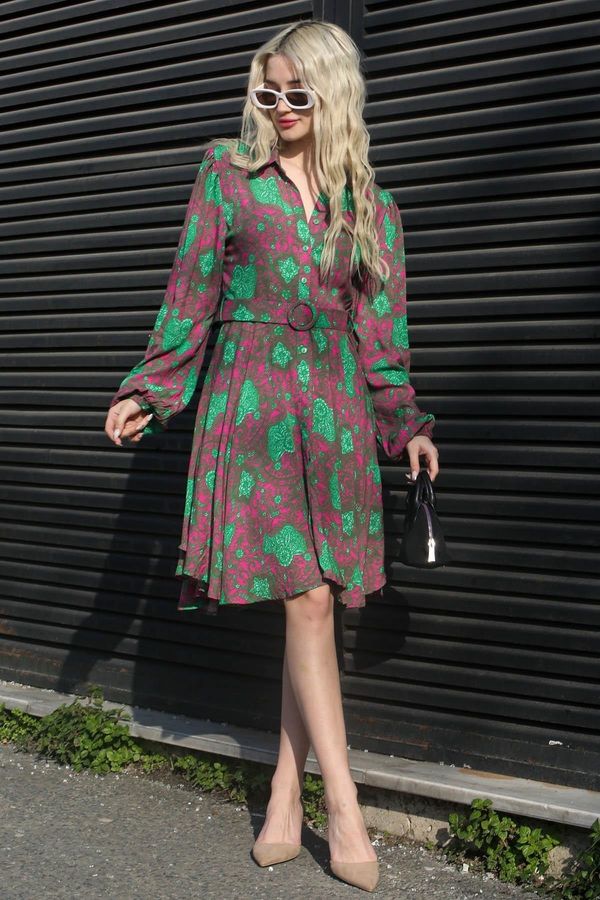 Madmext Madmext Green Floral Pattern Shirt Collar Mini Dress