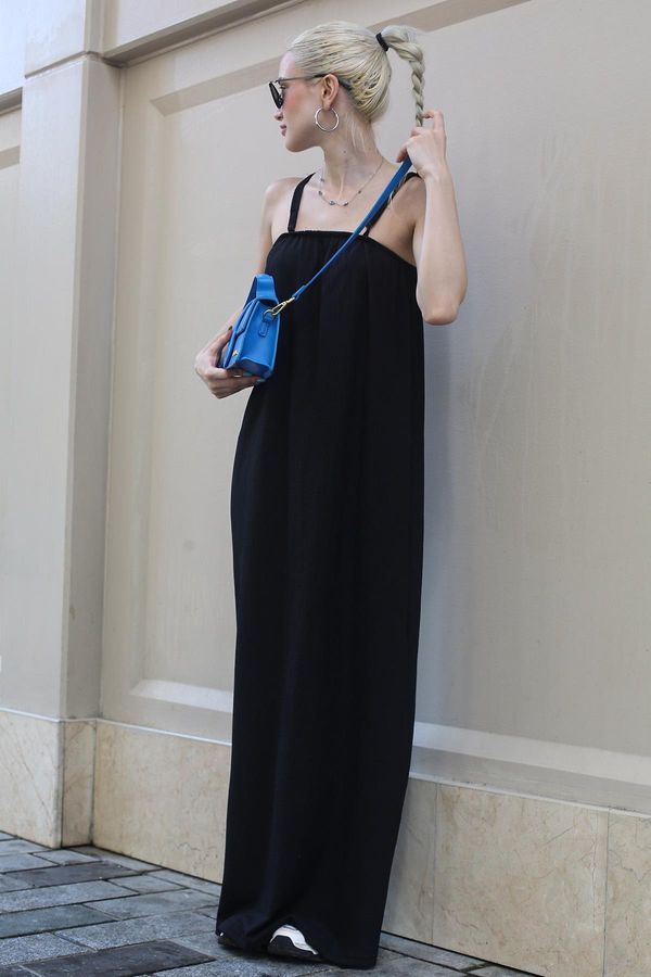 Madmext Madmext Long Loose Black Crepe Dress With Straps