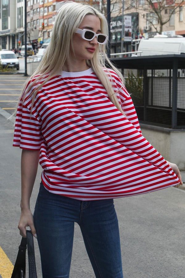 Madmext Madmext Red Striped Crew Neck T-Shirt