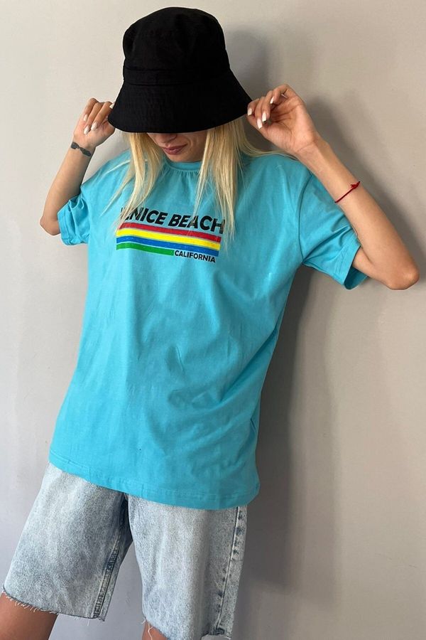 Madmext Madmext Turquoise Printed Over Fit T-Shirt