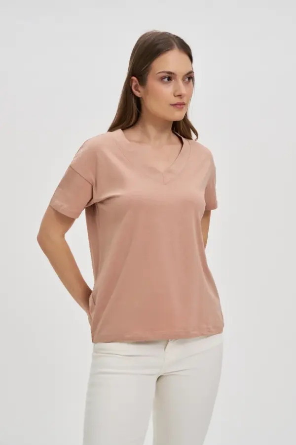 Marisse Marisse Beige Cotton V-Neck T-Shirt