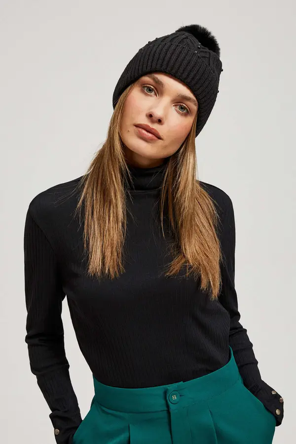 Marisse Marisse Black Beaded Pompom Hat
