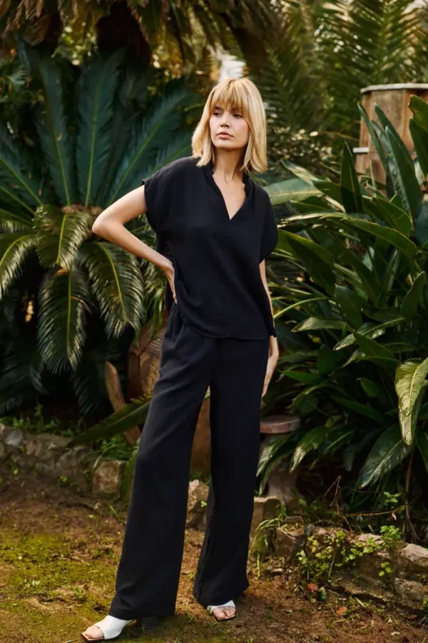 Marisse Marisse Black Cotton Wide-Leg Trousers
