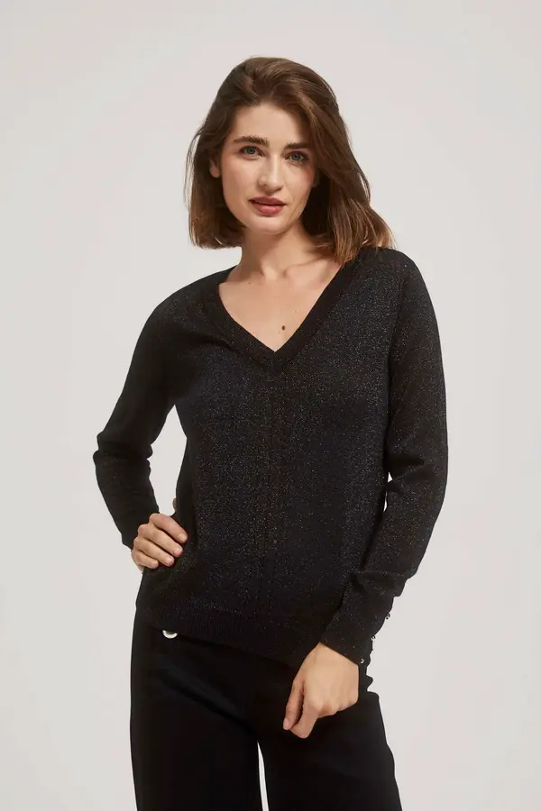 Marisse Marisse Black Metallic Thread V-Neck Sweater