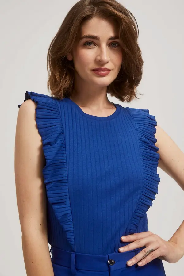 Marisse Marisse Blue Ribbed Blouse With Ruffles