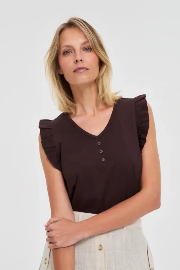Marisse Marisse Brown Blouse With Ruffles On The Shoulders