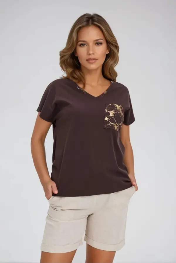 Marisse Marisse Brown Cotton T-Shirt With Decorative Pocket