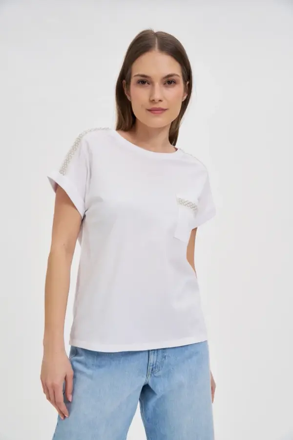 Marisse Marisse Cotton T-Shirt Decorated With Beads, White