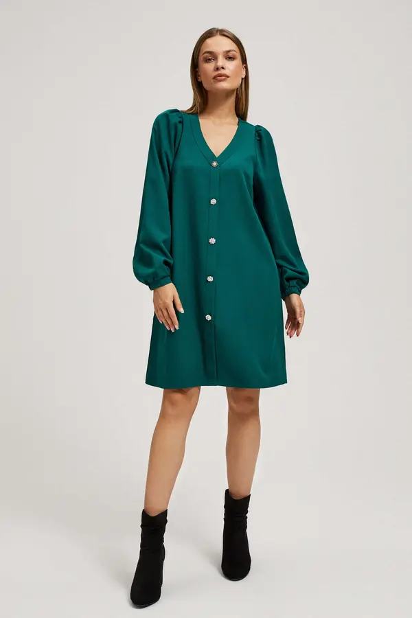 Marisse Marisse Emerald Dress With Puffed Sleeves And Decorative Buttons