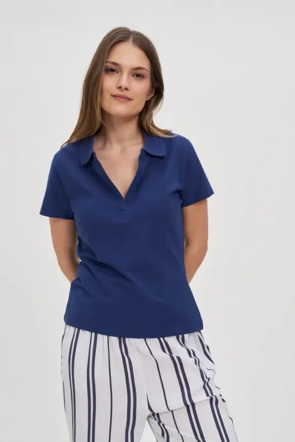 Marisse Marisse Navy Blue Cotton Blouse With A Collar