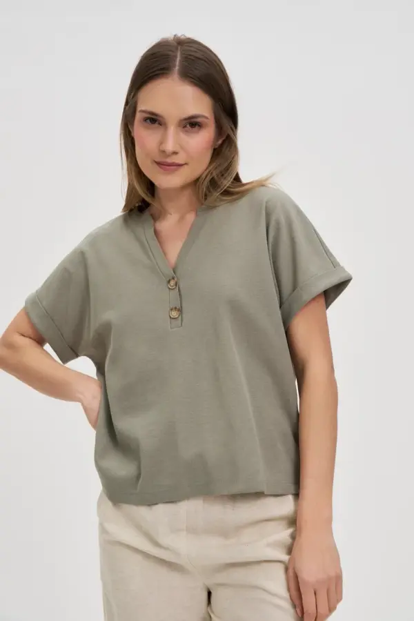 Marisse Marisse Olive Blouse With Buttons On The Neckline