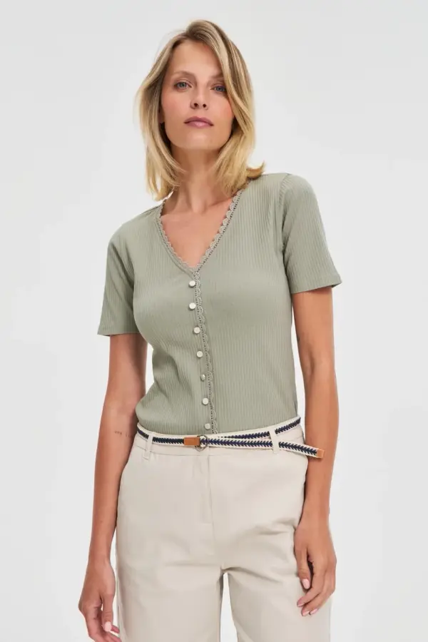 Marisse Marisse Olive Blouse With Lace Neckline