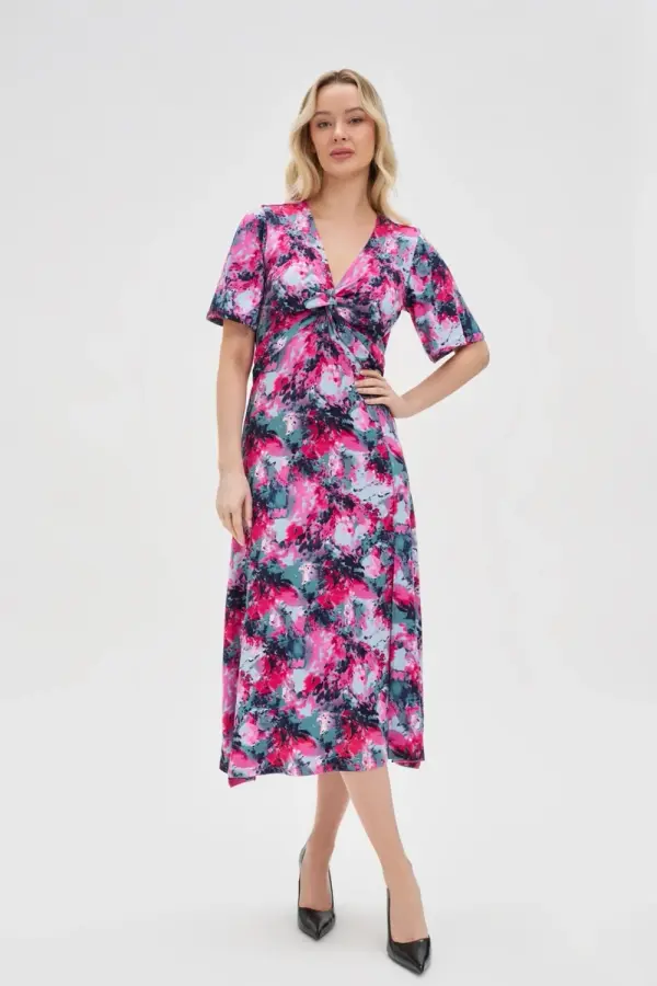 Marisse Marisse Patterned Fuchsia Dress With A Neckline