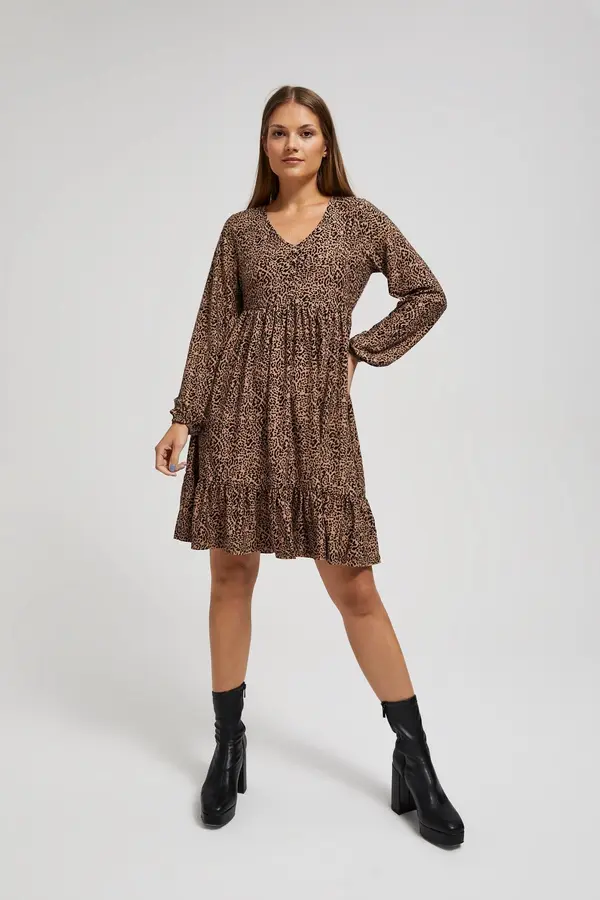 Marisse Marisse Patterned, Knee-Length, Ruffled Dress In Dark Beige
