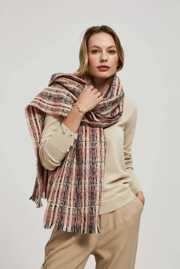Marisse Marisse Pink Checkered Scarf With Metallic Thread