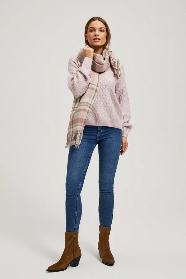 Marisse Marisse Powder Pink Checkered Scarf With Fringes